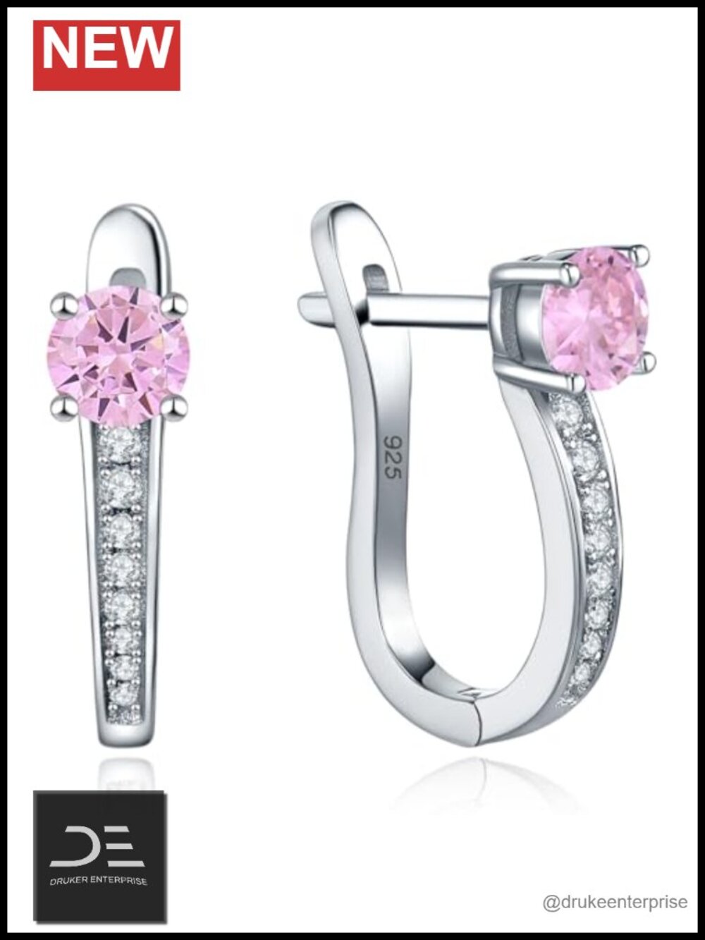 925 Sterling Silver U Shaped Huggie Hoop Earrings Pink Tourmaline Rhodium Plated